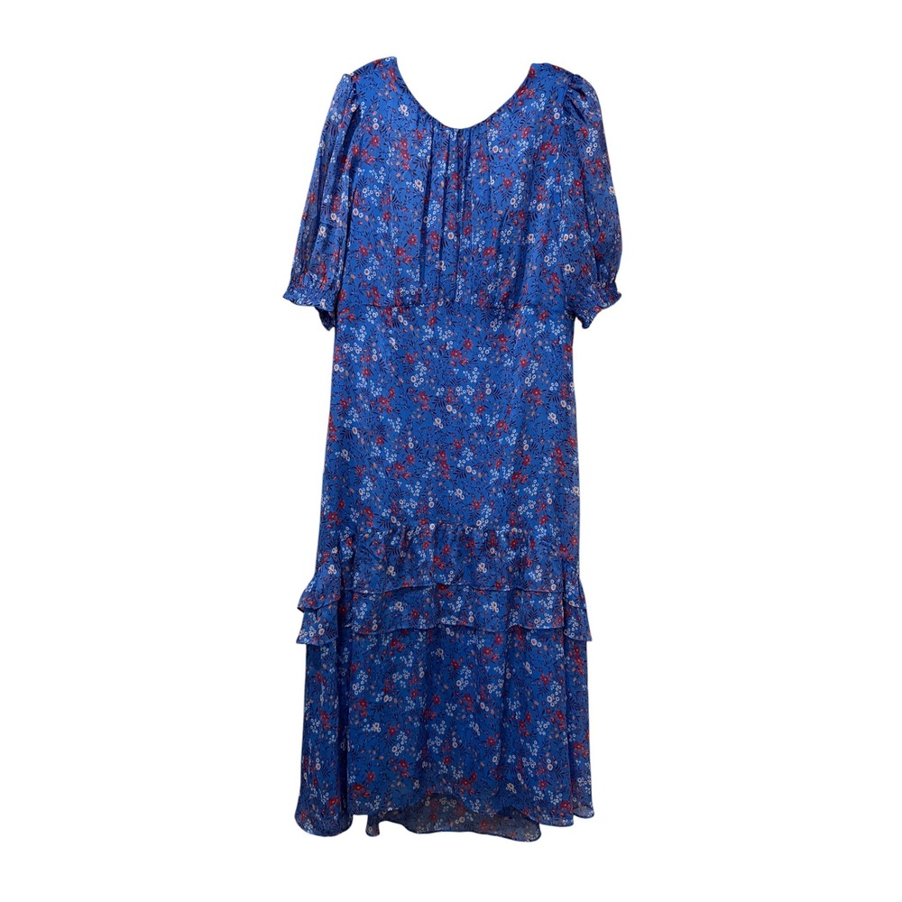Draper James Blue Floral Tiered Ruffle Midi Dress Size 14 Short Sleeve Chiffon
